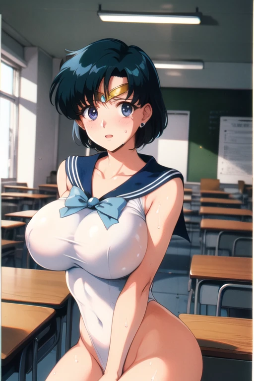 masterpiece, Highest quality, High resolution, Sailor Mercury 1990s \(style\),、(Big Breasts)、Sweating all over the body、vapor、、School classroom White slingshot swimsuit that looks nude