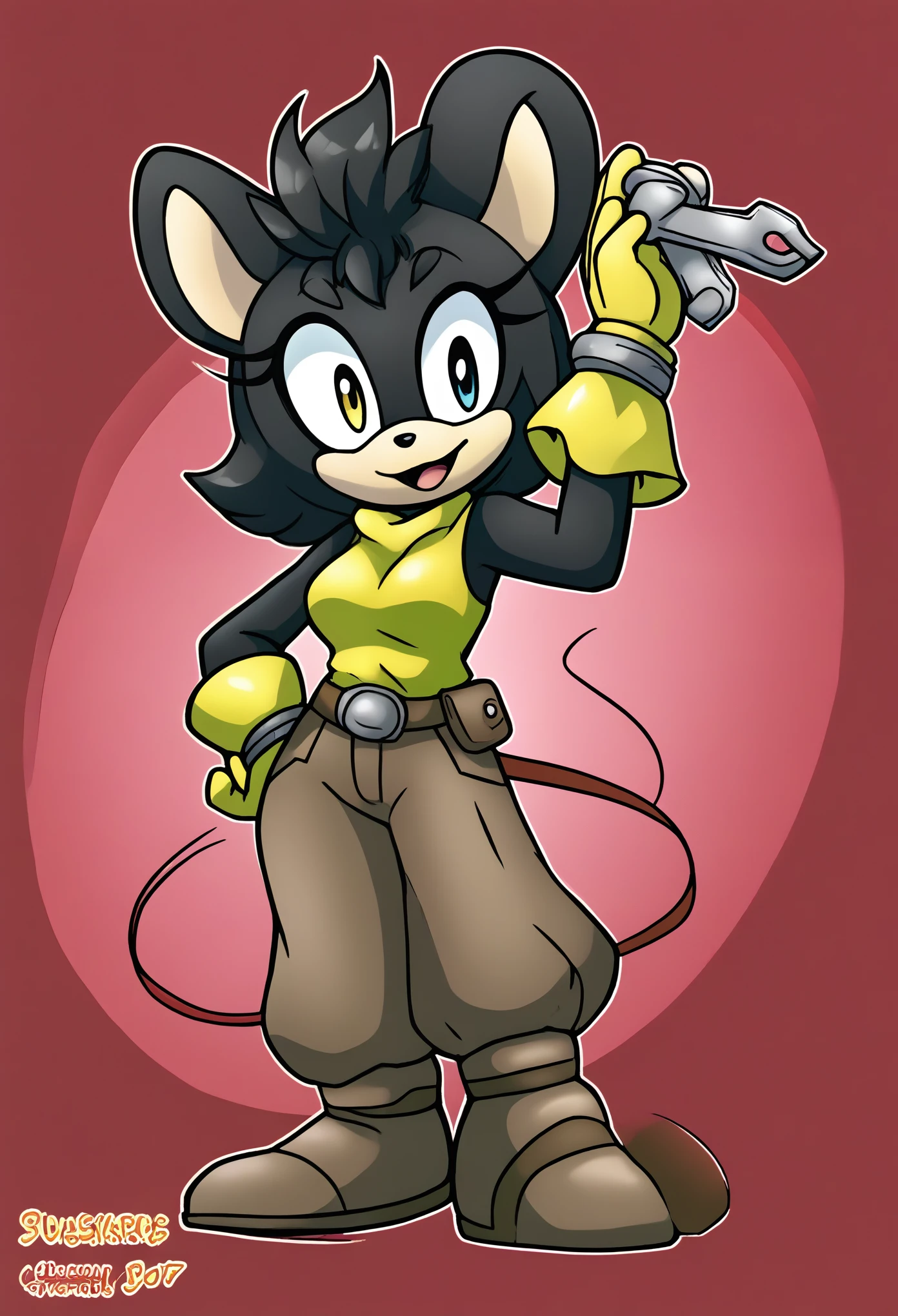 1girl, tail, gloves, solo, jumpsuit, heterochromic eyes, animal ears, hand on own hip, smile, open mouth, breasts, furry female, belt, furry, looking at viewer, wrench, artist name, pocket, arm up, outline, mouse ears, mouse tail, white outline, black hair, short hair, red background, happy, yellow gloves, grey gloves, mouse girl, medium breasts, shirt, animal nose, :d, cropped legs, standing, simple background, watermark, brown belt