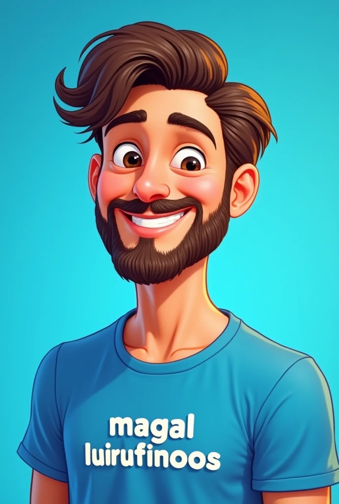 Disney pixar style drawing of a handsome man with a blue shirt, medium wavy straight brown hair and beard, with a shirt written "Magalurufinoos", smiling and looking at the camera. with blue studio background