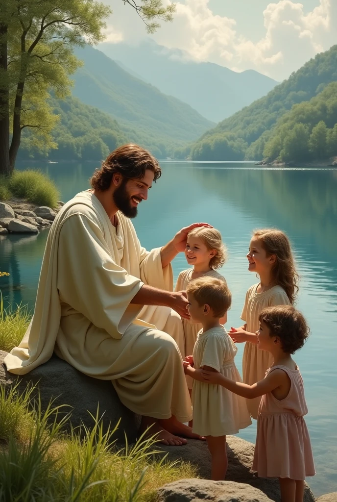 Jesus with children and a lake next to it
