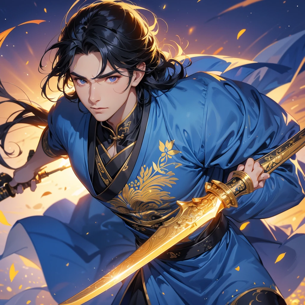 Handsome black-haired male holding a large sword in golden ancient Chinese costume, strolling among by the nemophila fields glowing blue, sunset, close up.