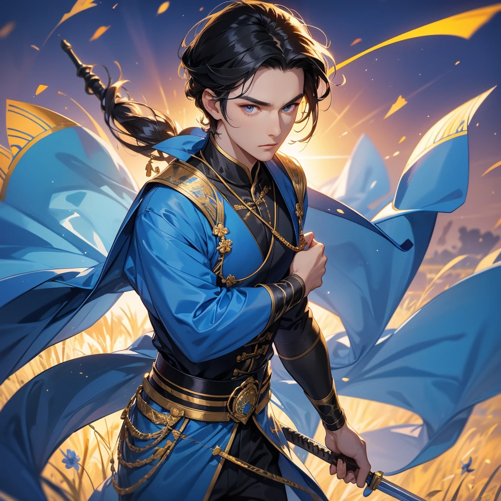 Handsome black-haired male holding a large sword in golden ancient Chinese costume, strolling among by the nemophila fields glowing blue, sunset, close up.