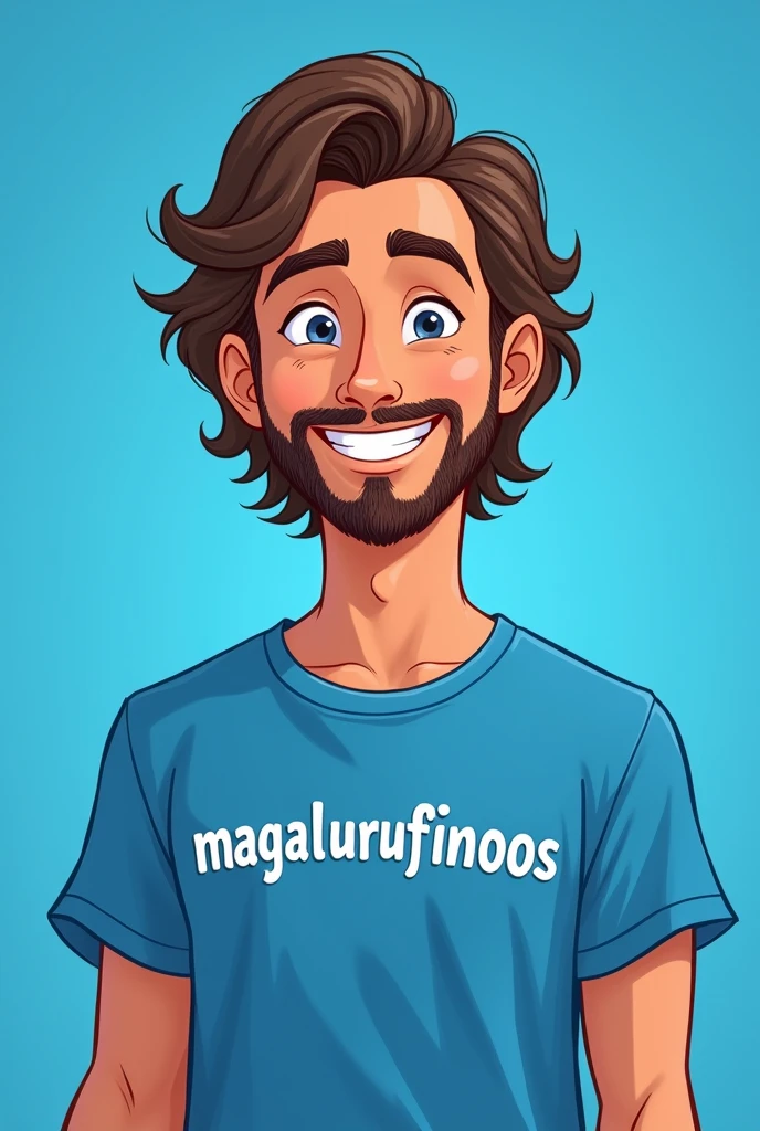 Disney pixar style drawing of a handsome man with a blue shirt, medium wavy straight brown hair and beard, with a shirt written "Magalurufinoos", smiling and looking at the camera. with blue studio background