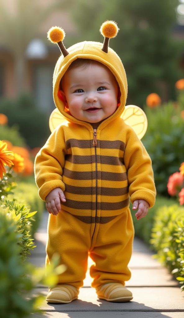 Cute  blushing, smile, Open your mouth, High resolution, masterpiece, Highest quality, House garden、Wearing a bee costume、Honey pattern belt、stand up、Modern, 