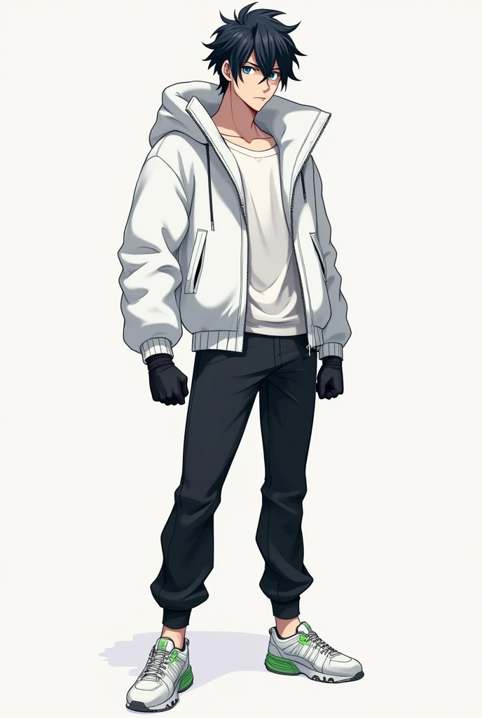 A male teenage anime style character With slightly long, black hair that is a bit spiky with long hair between his eyes, big navy blue eyes, Jaketa Thick white jacket, black pants, white sneakers with green, and with black gloves.