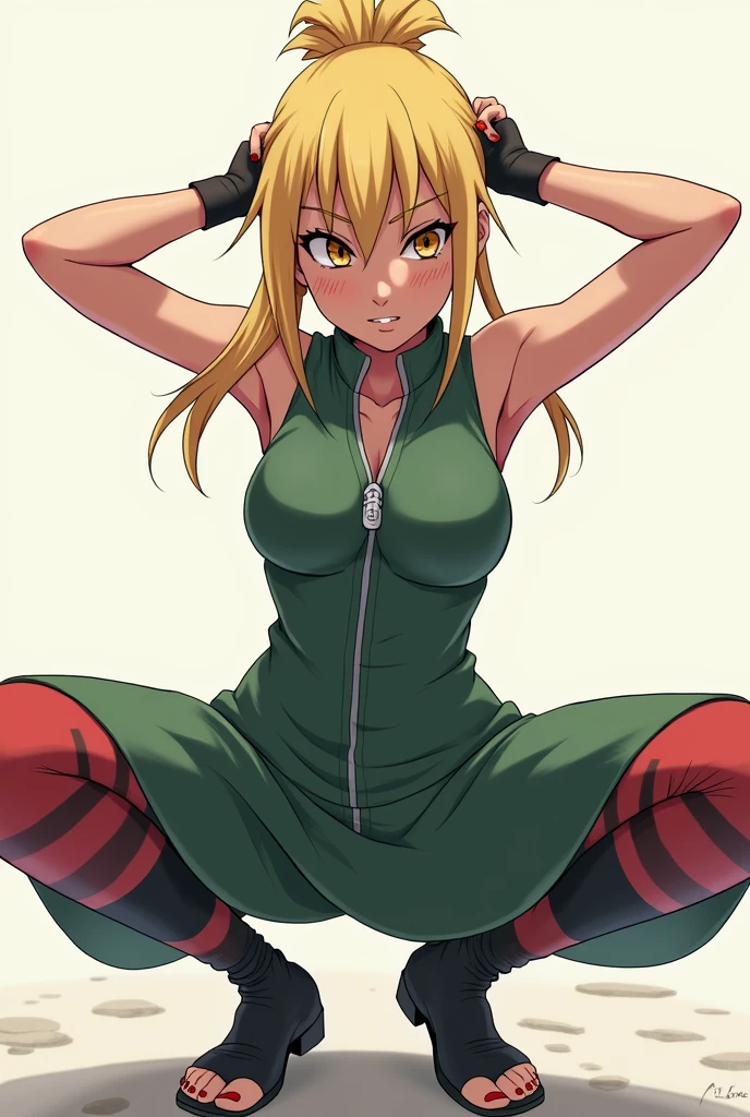 (from below:0.6), score_9_up,score_8_up, ((temari)), naruto, 1girl, solo,((blush)), closed mouth, smile, medium breast, pose, ((sitting)), (thin girl:1.2),