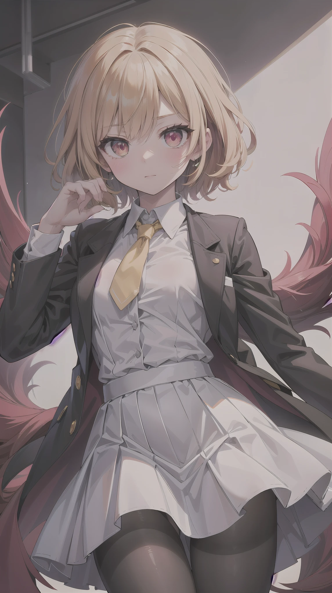 （（super high quality,Ultra-high resolution,16K,super masterpiece,Ultra HD ,Detailed shading,））One Woman,Wavy emerald short hair,White dress shirt,Long sleeve,Yellow ruffled tie,（Unbuttoned red checked vest,Checkered red very long skirt,）Black tights,Ruby glowing eyes,Vertical pupil,,Sharp Eyes,I&#39;m worried,blush,Looking at this,Holding a skirt with one's hand,a blue sky with clouds and sun,Sunflower field,