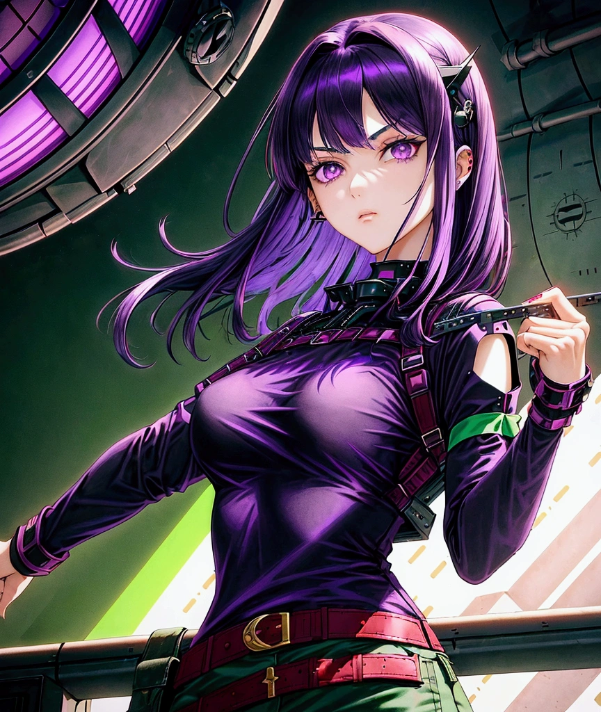 (a beautiful and cool girl),(medium hair), (straight hair), (purple hair), (body suit), (red shirt), (black bustier), (dark green shoulder reinforcement), (ace pilot), (purple eyes),(science fiction)