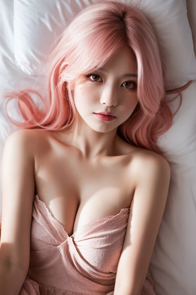8k, RAW photo, best quality, masterpiece:1.2), (realistic, photo-realistic:1.4), (extremely detailed 8k wallpaper), japanese 20 age woman,Ultra-detailed cute face, Detailed eyes, Double eyelid,Y Nightdress , full body,( Huge bre.2,(pink hair ),Tears mole),lying on the bed,cute hair,From Above