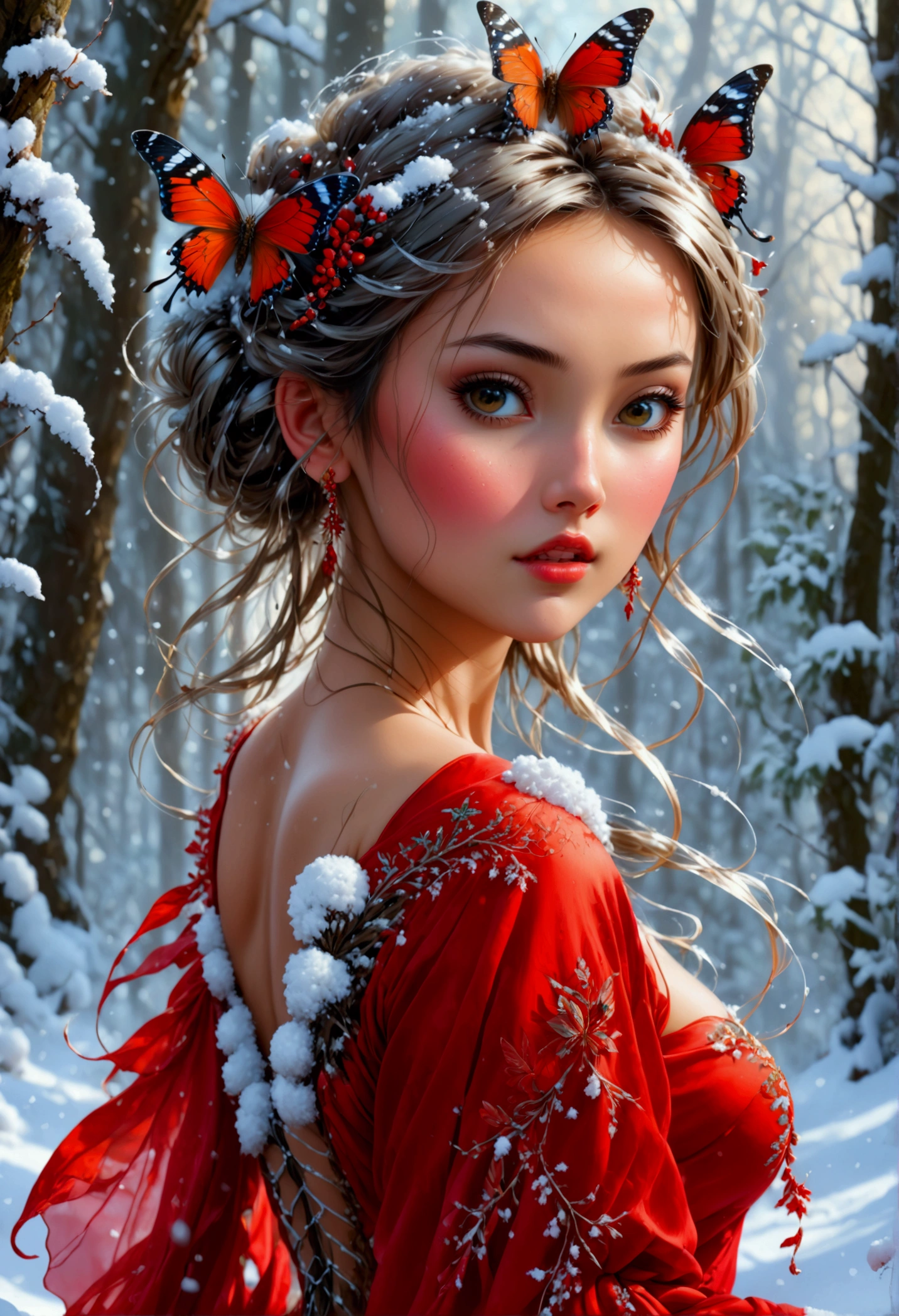 (oil painting art: 1.5) a most beautiful fairy playing in the snow, a beautiful fairy, ((full body shot: 1.5)), (best detailed face: 1.3), spread butterfly wings, dynamic hair color, dynamic hair style, busty, wearing red silk dress, intricate silk, wearing high heels boots, she is playing the snow, fresh snow in the forest, high snow, High Detail, Ultra High Quality, High Resolution, 16K Resolution, Ultra HD Pictures, Ultra Realistic, Clear Details, Realistic Detail, Ultra High Definition, DonMF41ryW1ng5XL