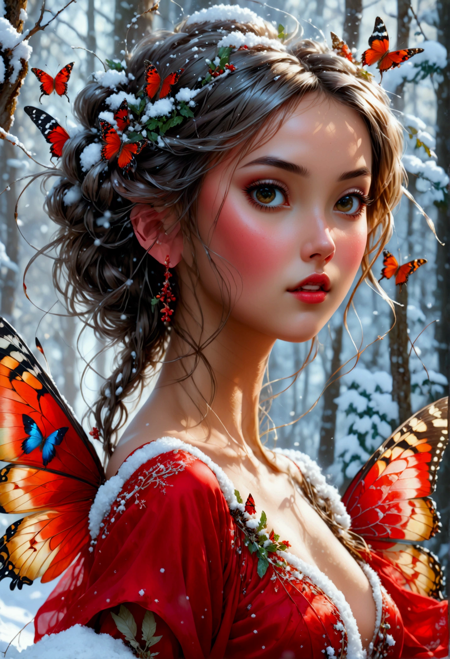 (oil painting art: 1.5) a most beautiful fairy playing in the snow, a beautiful fairy, ((full body shot: 1.5)), (best detailed face: 1.3), spread butterfly wings, dynamic hair color, dynamic hair style, busty, wearing red silk dress, intricate silk, wearing high heels boots, she is playing the snow, fresh snow in the forest, high snow, High Detail, Ultra High Quality, High Resolution, 16K Resolution, Ultra HD Pictures, Ultra Realistic, Clear Details, Realistic Detail, Ultra High Definition, DonMF41ryW1ng5XL