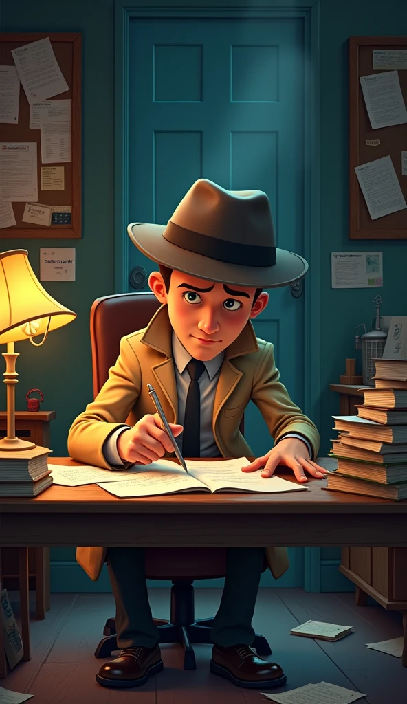 "High-resolution image in a cartoonish style of a male detective character sitting in a cozy, mysterious office. The detective is surrounded by scattered papers, books, and case files, with dim lighting creating a mysterious atmosphere. The office has wooden furniture, an old desk lamp, and a cluttered bulletin board filled with notes. The detective has a focused expression, wearing a trench coat and fedora hat."