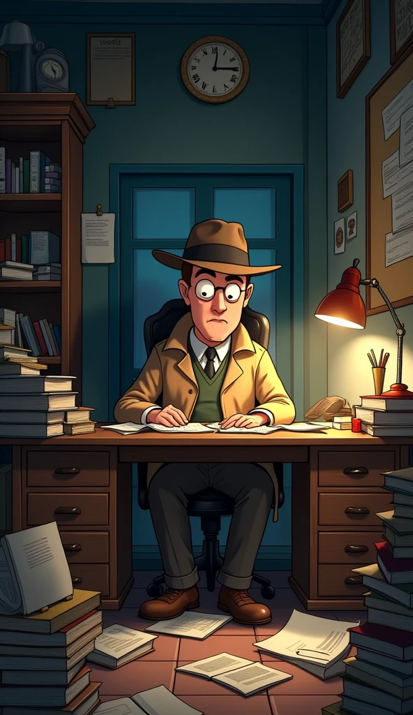 "High-resolution image in a cartoonish style of a male detective character sitting in a cozy, mysterious office. The detective is surrounded by scattered papers, books, and case files, with dim lighting creating a mysterious atmosphere. The office has wooden furniture, an old desk lamp, and a cluttered bulletin board filled with notes. The detective has a focused expression, wearing a trench coat and fedora hat."