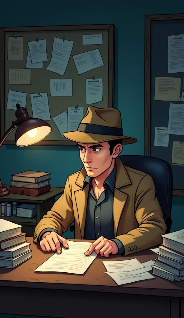 "High-resolution image in a cartoonish style of a male detective character sitting in a cozy, mysterious office. The detective is surrounded by scattered papers, books, and case files, with dim lighting creating a mysterious atmosphere. The office has wooden furniture, an old desk lamp, and a cluttered bulletin board filled with notes. The detective has a focused expression, wearing a trench coat and fedora hat."