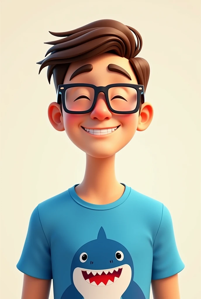 Make a animeted guy with brown hair with glasses while smiling close eyes and have a blue shirt with shark theme
