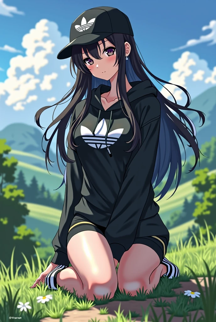sexy anime girl, long black hair, wear black adidas striped slippers white and black, black eyes, barefoot, wear black adidas cap, wear black adidas hood, wear black adidas hot pants, background is countryside