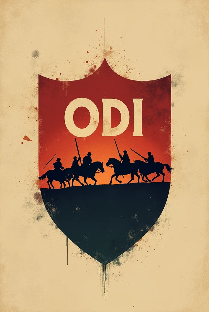Minimalist shield with the word ODI, that includes a battle between 2 armies with horses included