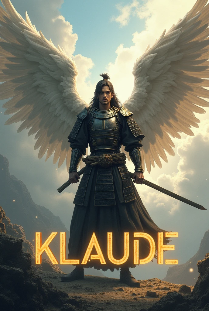 A handsome samurai angel with a big word KLAUDE on the bottom 