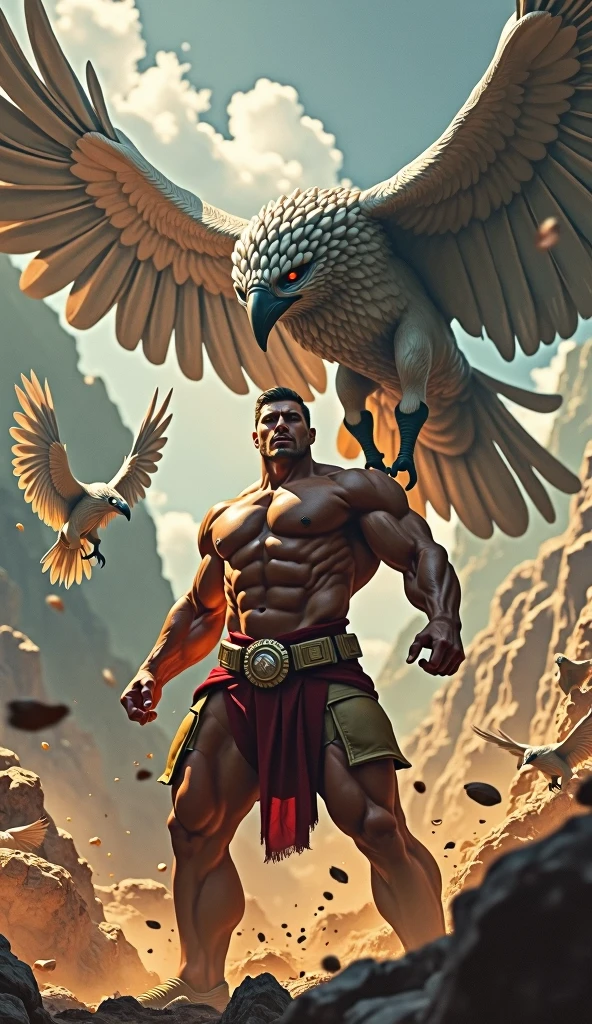 1 muscular man, heroic pose, fighting against metallic birds, highly detailed, cinematic composition, dramatic lighting, vibrant colors, digital art, concept art, 8k, photorealistic, intricate details, dramatic shadows, dynamic action, powerful expression, epic fantasy, cinematic atmosphere