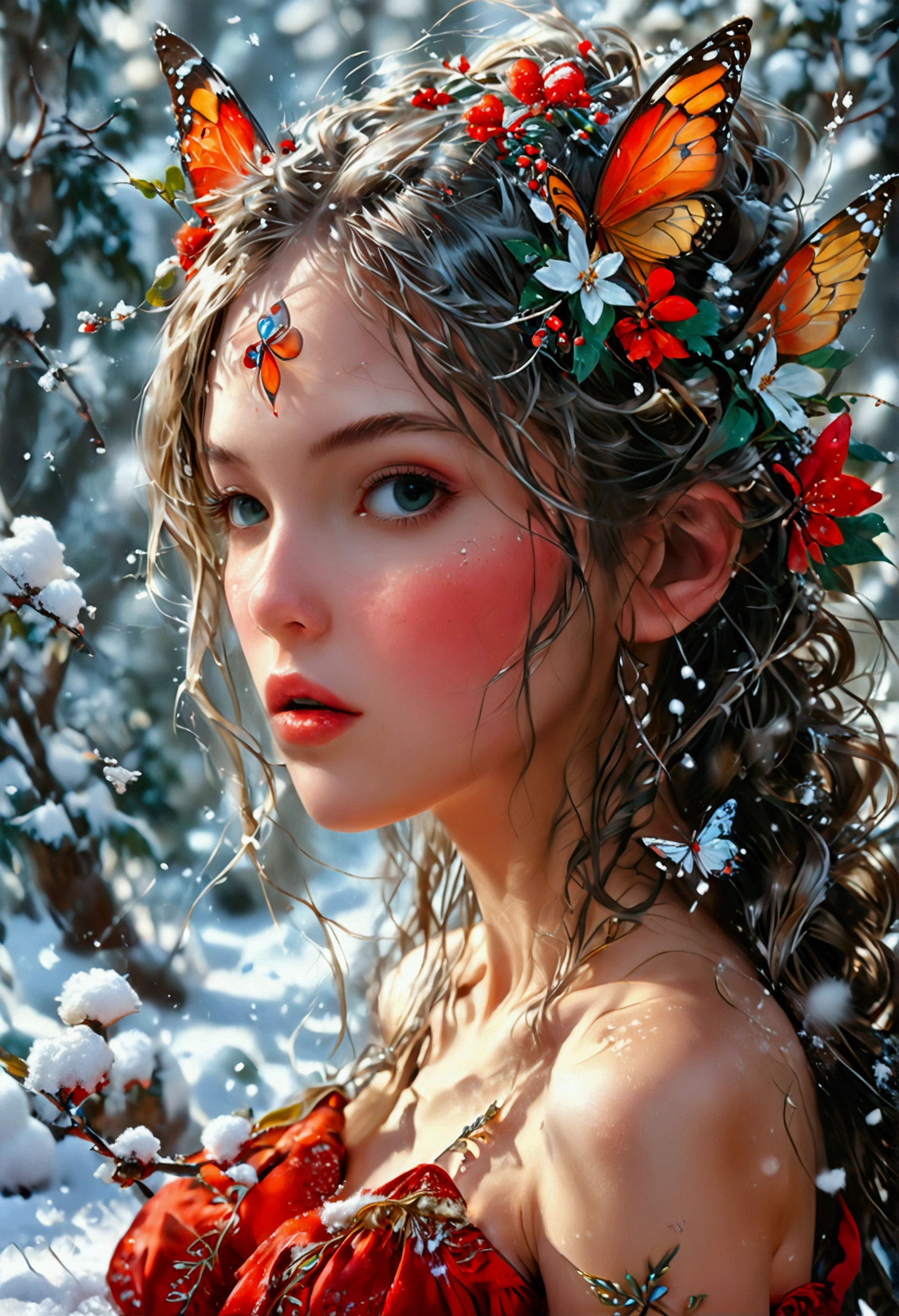 (oil painting art: 1.5) a most beautiful fairy playing in the snow, a beautiful fairy, ((full body shot: 1.5)), (best detailed face: 1.3), spread butterfly wings, dynamic hair color, dynamic hair style, busty, wearing red silk dress, intricate silk, wearing high heels boots, she is playing the snow, fresh snow in the forest, high snow, High Detail, Ultra High Quality, High Resolution, 16K Resolution, Ultra HD Pictures, Ultra Realistic, Clear Details, Realistic Detail, Ultra High Definition, DonMF41ryW1ng5XL