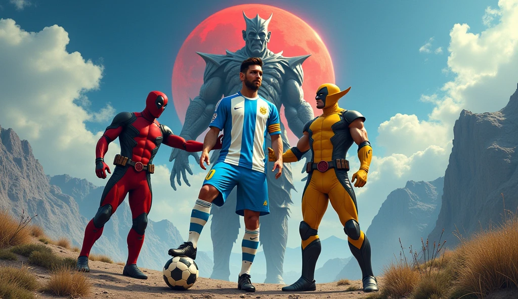 Generate an image showing Lionel Messi wearing the Argentina shirt next to Marvel characters, like red deadpool and yellow wolverine, In the background it should include a large apocalypse and mountains in the background, under a blue sky with some fluffy clouds and a red moon . Messi must be holding a soccer ball on his left foot, while Deadpool and Wolverine are at his side hugging him