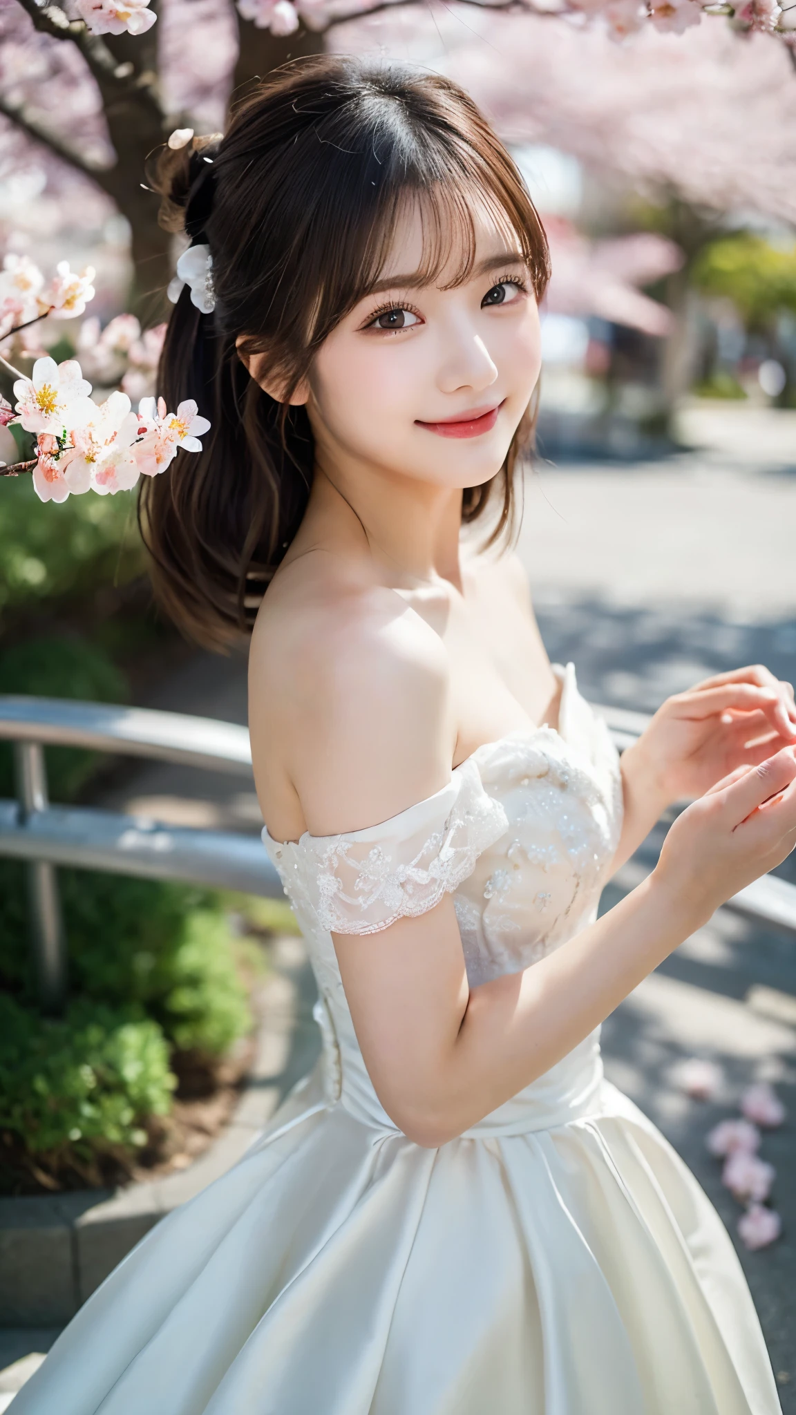 （(off the shoulder wedding dress)）、((bride hair ornament))、Blurred cherry blossom branches in the foreground、randome pose、(top-quality,​masterpiece:1.3,超A high resolution,),(ultra-detailliert,Caustics),(Photorealsitic:1.4,RAW shooting,)Ultra-realistic capture,A highly detailed,High resolution 16K human skin closeup、 Skin texture is natural、、The skin looks healthy with an even tone、 Use natural light and color,1 girl,japanes,23years old,kawaii,A dark-haired, short hair, (shy-smile),(depth of fields、chromatic abberation、、Wide range of lighting、Natural Shading、)、
Asakusa, Japan background、SLR、50mm,f1.8, ((bun hair))、((close_up))、((Sunlight))、(((Hands are not shown)))、(Cherry blossom trees in full bloom and petals dancing in the wind)