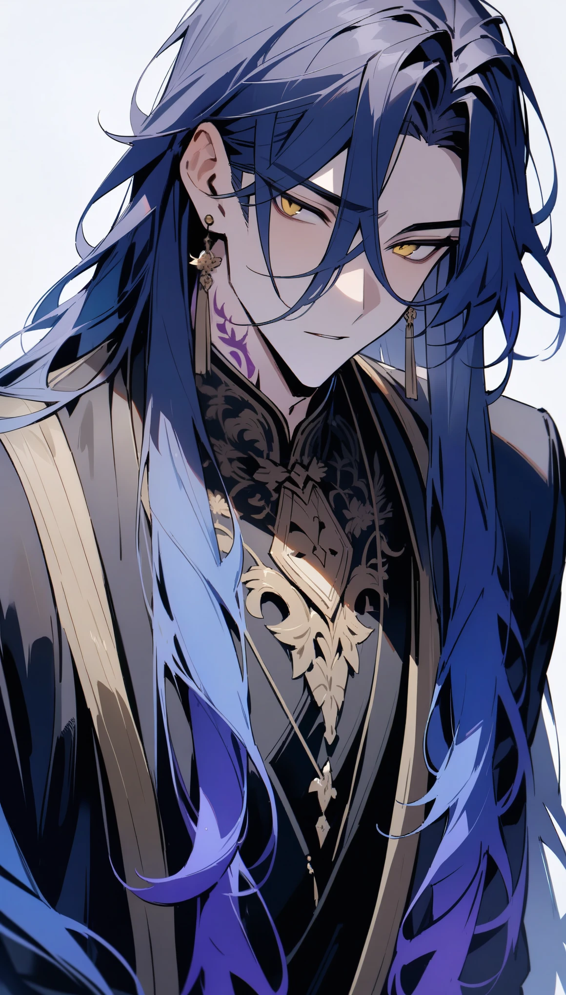 {{masterpiece}}, The best quality of life,((White background)) 、alone, One handsome man, Long Hair, Blue hair with purple tips,Gradient Hair、Bangs hidden on the left、Yellow Eyes, Black Chinese clothing、Cowboy Shot、Earrings、Neck tattoo、Watching Me