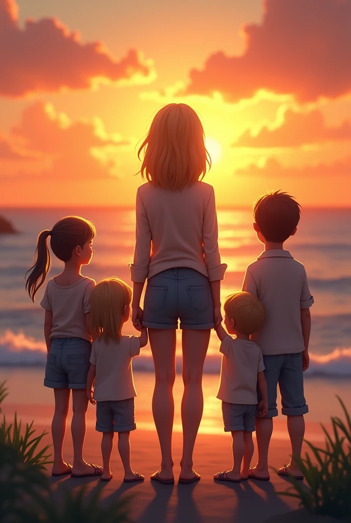 blonde, Medium hair, backwards, watching the sunset of the sea, with her adult daughter, his  son, her husband on the sides 