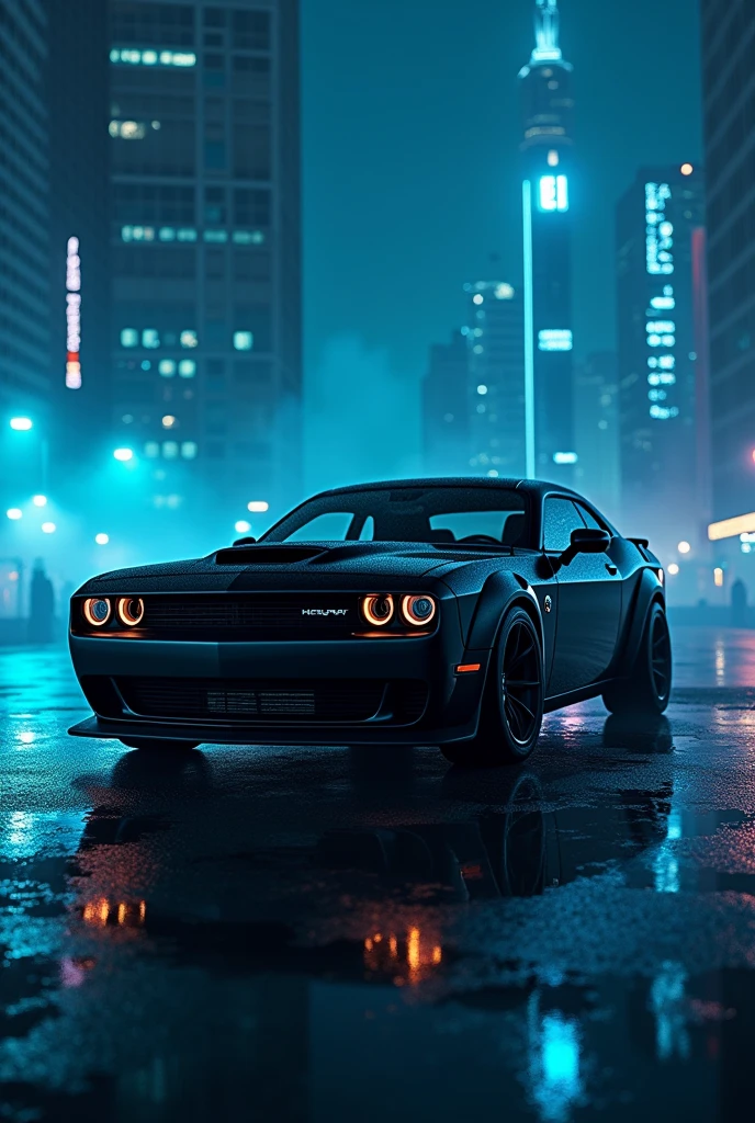 Dodge challenger hellcat redeye with mate black with carban emission at neo blue night background with city toward carban emissions