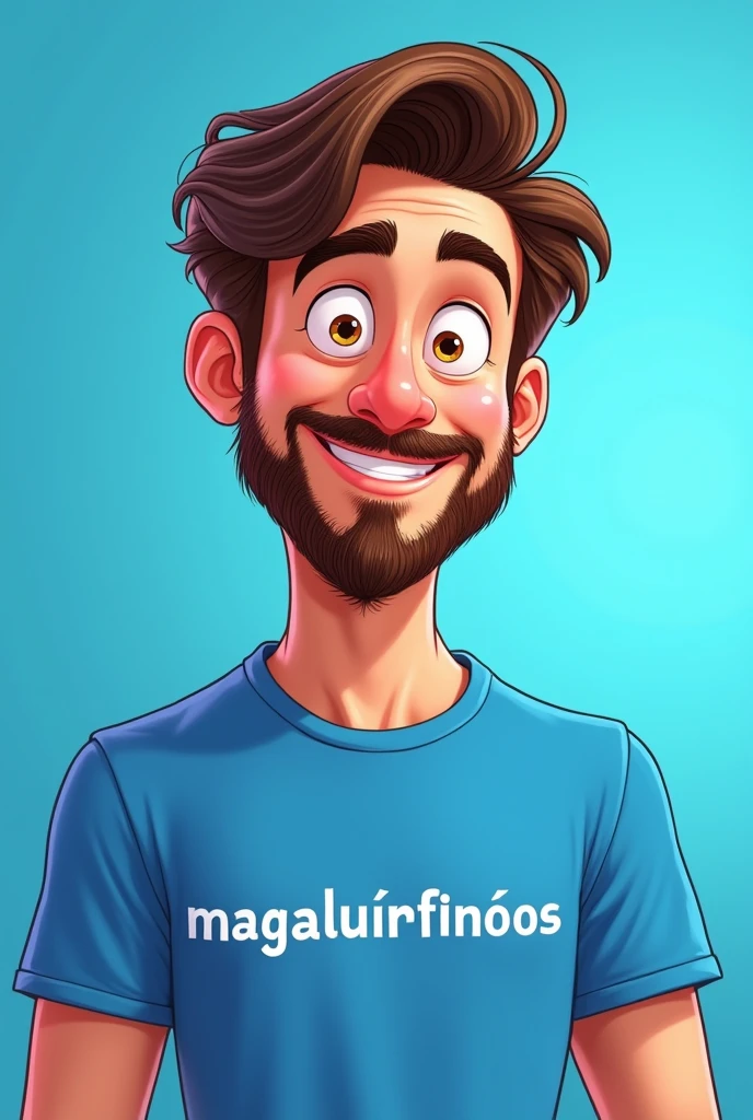 Disney pixar style drawing of a handsome man with a blue shirt, medium wavy straight brown hair and beard, with a shirt written "Magalurufinoos", smiling and looking at the camera. with blue studio background