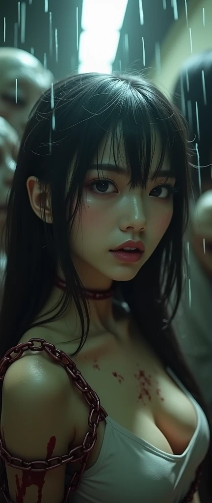 (32K:1.9, Horror expression:1.9, Highest quality, masterpiece, Ultra-high resolution), Professional random camera work, Perfect dynamic composition, Highly detailed skin and facial textures, Detailed eyes, Detailed limbs, (The Darkest Dungeon:1.3), cute, Sexy and slim Japanese woman, Fair skin, Tilt your head, (5 Zombies:1.7, Zombie touching a woman:2.0, Raindrops falling from the ceiling:1.5), (Huge breasts that are about to burst, areola is not visible, Big cleavage, A look of despair:1.3, Expression of despair:1.3, Totally captivates you, Pure white camisole dress:1.5), Beautiful Blue Eyes, Beautiful erotic eyes, Sexy Face, blush, Beautiful sensual atmosphere, ((Bloody:2.0, Covered in bruises:2.0, Bruises on the face:2.0, Lots of big chains:1.9, Crucified:1.9, Countless chains tangled in clothes:1.9, The right arm is attached to the cross:1.9, The left arm is attached to the cross:1.9, Both hands are chained、Tied tightly to the cross, The right leg is bound with a shackle and chain:1.9, The left leg is bound with a shackle and chain:1.9)), (Too erotic)