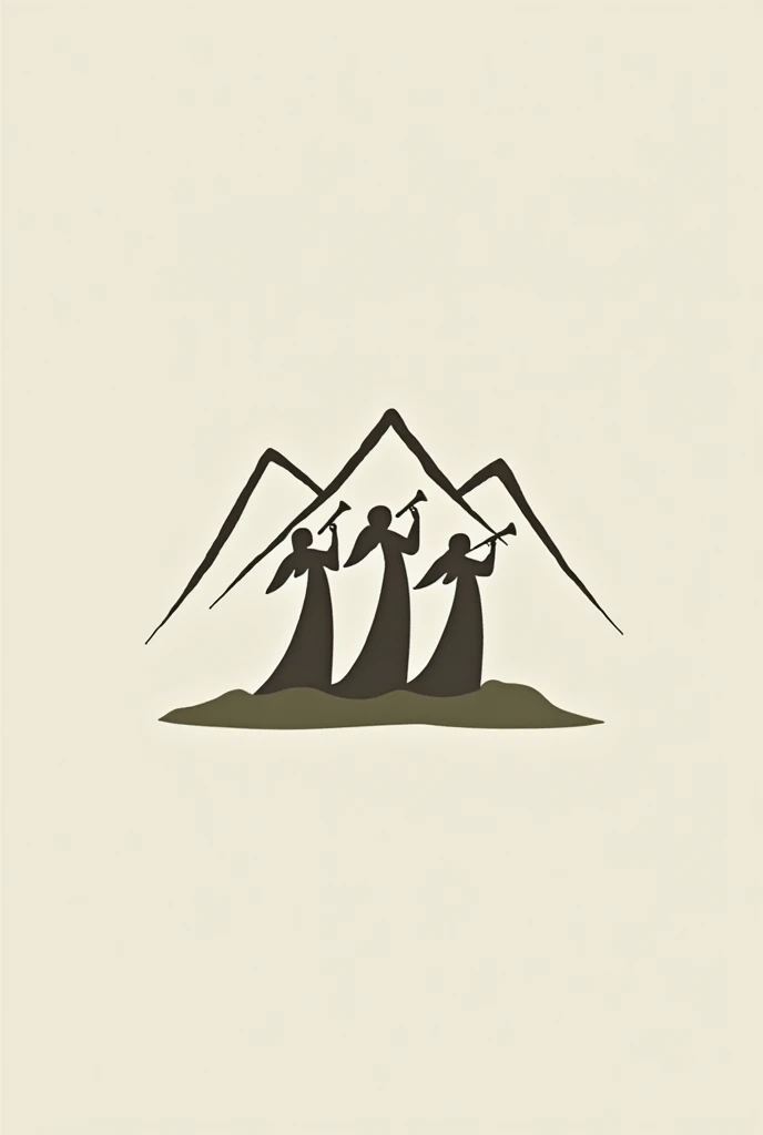 a minimalist logo for a spiritual retreat in the countryside, with mountain, and three angels with trumpets.