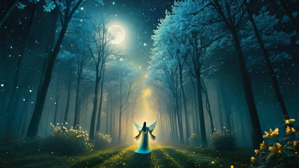 Moonlit Angelic Forest, A mystical forest on the outskirts of the angelic city, bathed in the light of a full moon. The trees are tall and ancient, with silver leaves that shimmer in the moonlight. A soft mist floats above the ground, and delicate, glowing flowers bloom in the shadows. Angels with translucent wings fly among the trees, their silhouettes barely visible against the starry night sky, Dynamic pose, Strong contrast, Good depth of field, 8K wallpaper, Masterpiece, Aesthetic illustration in realistic style, best quality, natural light, high res, highly detailed, All the colors and materials in this work are very harmoniously combined, bioluminescent flora