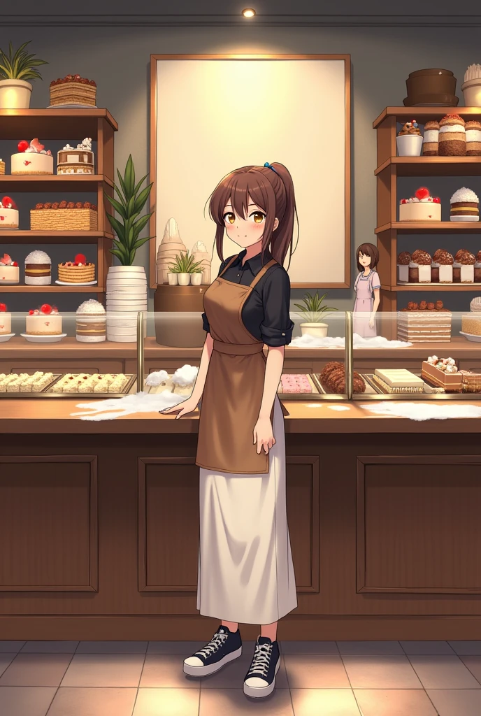 Large pastry shop with 8 shelves with cakes, cookies, sandwiches, cupcakes, pretty girl ponytail clear face brown hair, big eyes girl smile black blouse and brown apron honey colored eyes long white skirt black tennis shoes big table with flour with people in the background in the background rectangular photo
