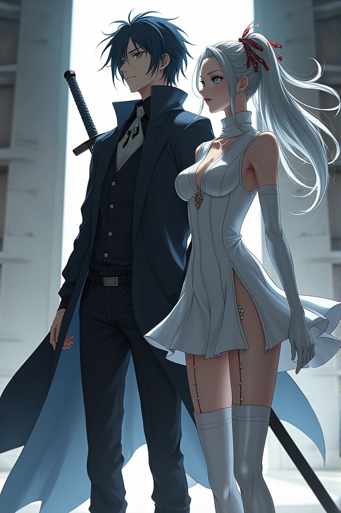 Make tomioka from kimetsu no yaiba with a girl who is, skirt suit, Hogari in greyish white and black with lines,pearl colored long gloves, pearls hanging from my thighs, beautiful grey katana, white legwarmers, grey eyes, hair with gray highlights, perfect body and face 