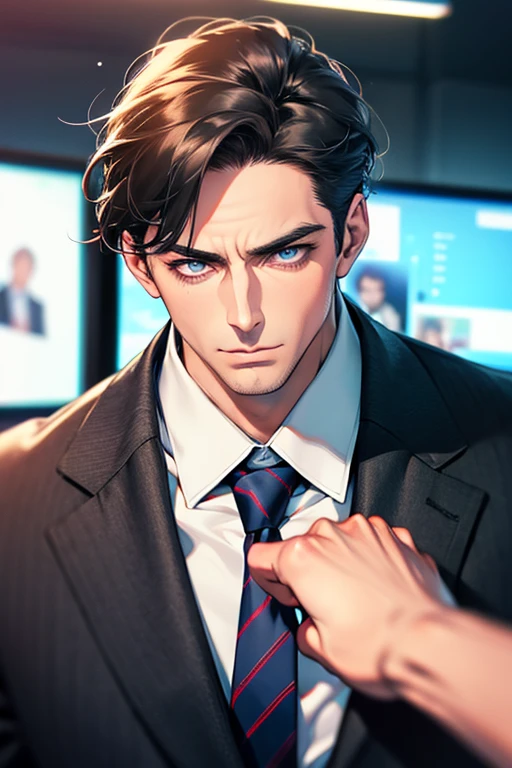 (Best Quality,4k,8k,high resolution,Masterpiece:1.2),ultra detailed,(realist,photorealist,photo-realist:1.37),1 man,31 years,mature man,very handsome,without expresion,muscled body,short gray black hair,Blue eyes,glare,perfect face without mistakes,imposing posture,businessman,office background,cinematic lighting,imagen HDR