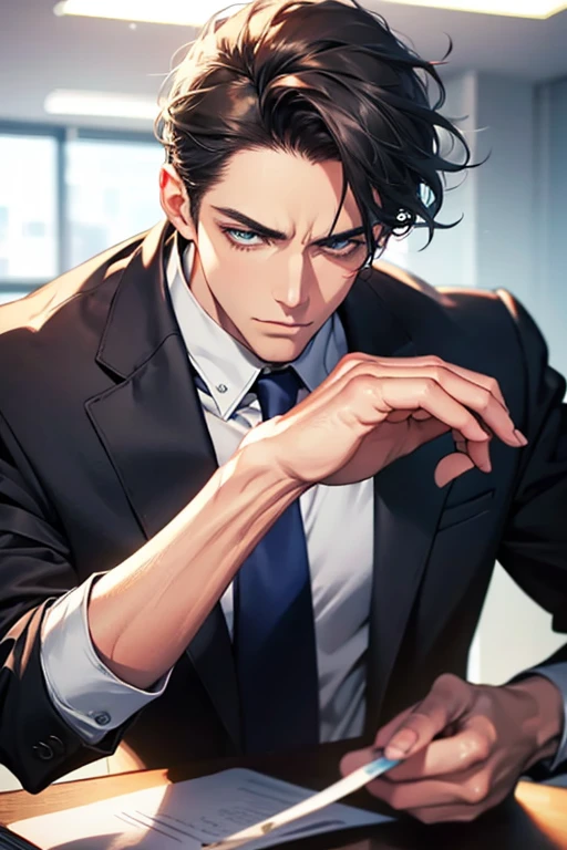 (Best Quality,4k,8k,high resolution,Masterpiece:1.2),ultra detailed,(realist,photorealist,photo-realist:1.37),1 man,31 years,mature man,very handsome,without expresion,muscled body,short gray black hair,Blue eyes,glare,perfect face without mistakes,imposing posture,businessman,office background,cinematic lighting,imagen HDR
