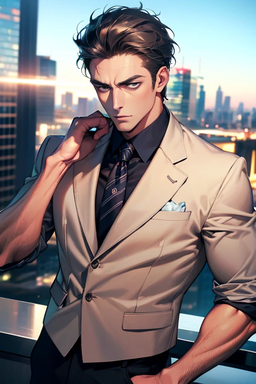 (Best Quality,4k,8k,high resolution,Masterpiece:1.2),ultra detailed,(realist,photorealist,photo-realist:1.37),1 man,31 years,mature man,very handsome,without expresion,muscled body,short gray black hair,Blue eyes,glare,perfect face without mistakes,imposing posture,businessman,office background,cinematic lighting,imagen HDR