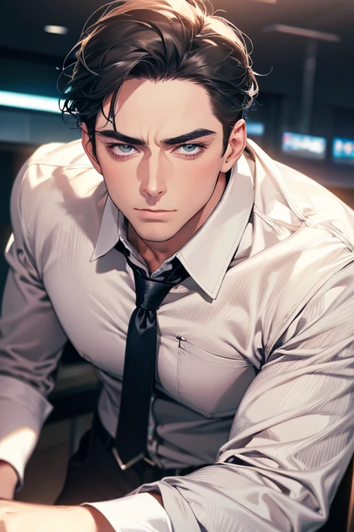 (Best Quality,4k,8k,high resolution,Masterpiece:1.2),ultra detailed,(realist,photorealist,photo-realist:1.37),1 man,31 years,mature man,very handsome,without expresion,muscled body,short gray black hair,Blue eyes,glare,perfect face without mistakes,imposing posture,businessman,office background,cinematic lighting,imagen HDR