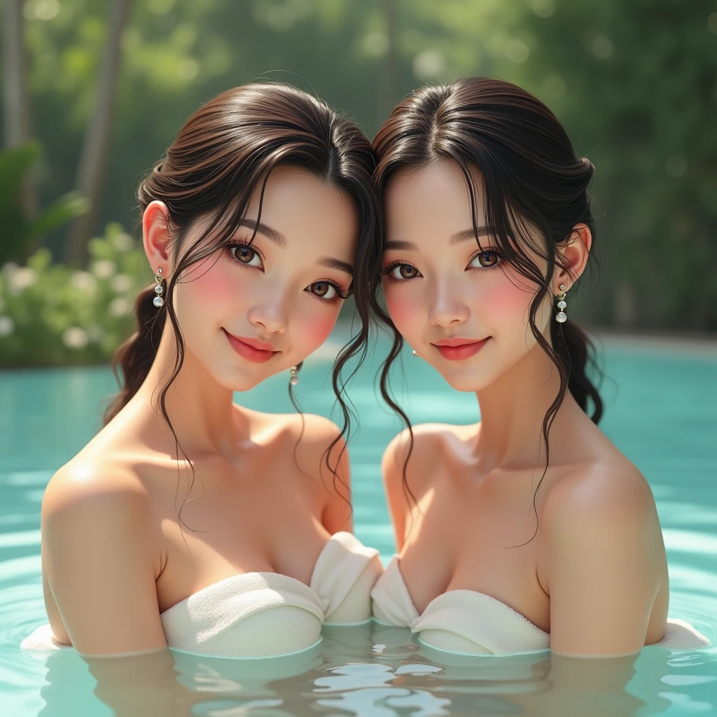 (8K, 4K, Best Quality, High Resolution: 1.2), (Masteristic, Realistic, Photoreal: 1.4), 1 Girl, Solo, Beautiful Face, Eyelashes, Nose, Glossy Lips, (Fine Eyes, Beholder, Fair Skin, White Skin: 1.5), Fine Complexion, Upper Body,, Big, big, (nude: 1.5),, Open-air bath,, ridiculously long hair, blond hair, pink hair, bangs, hair ornaments, bows, with two sides up,, Young, dark blue school swimsuit, (two heads)
