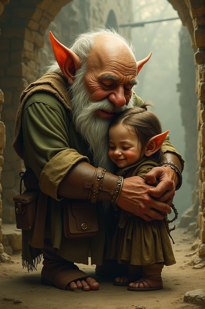 A budget hugging a dwarf to keep him warm