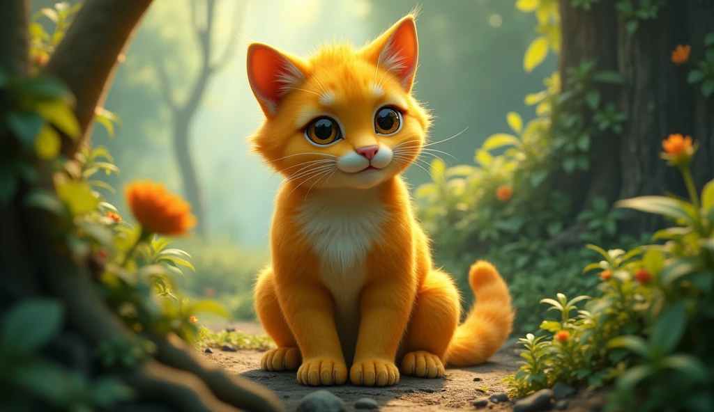 a beautiful young cat, yellow fur, stunning, handsome, in a forest setting, 2m tall, mythical world, (best quality,4k,8k,highres,masterpiece:1.2),ultra-detailed,(realistic,photorealistic,photo-realistic:1.37),hyper realistic,intricate details,vibrant colors,dramatic lighting,captivating pose,nature background,fantasy atmosphere, Disney
