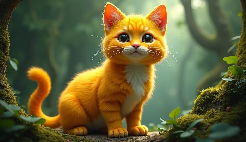 a beautiful young cat, yellow fur, stunning, handsome, in a forest setting, 2m tall, mythical world, (best quality,4k,8k,highres,masterpiece:1.2),ultra-detailed,(realistic,photorealistic,photo-realistic:1.37),hyper realistic,intricate details,vibrant colors,dramatic lighting,captivating pose,nature background,fantasy atmosphere, Disney