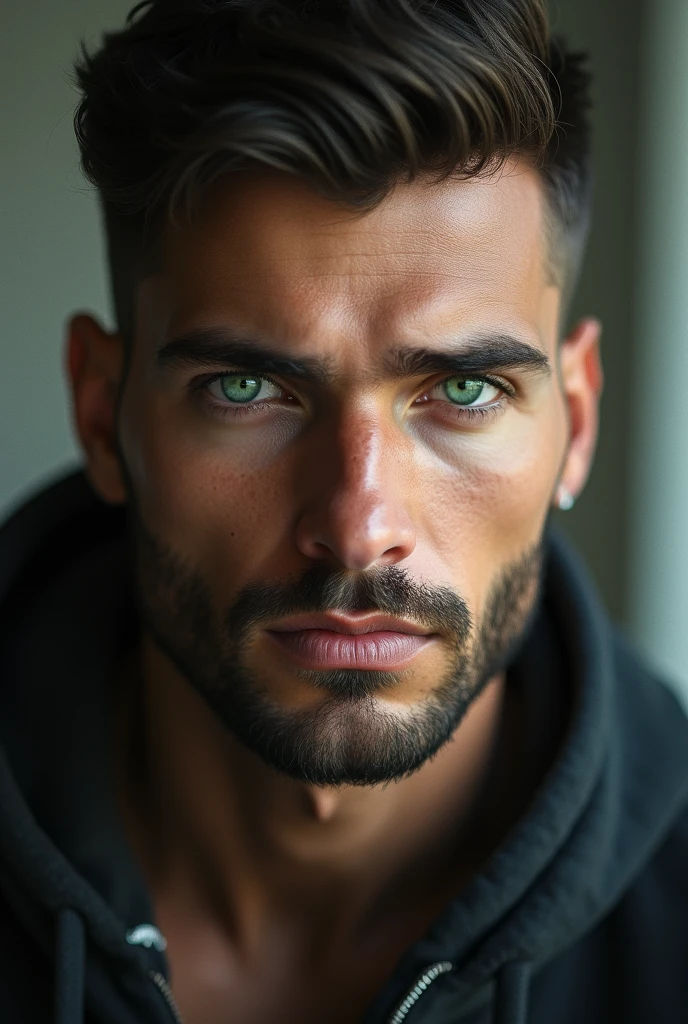 (Photorealism:1.2),A man with a short beard and green eyes