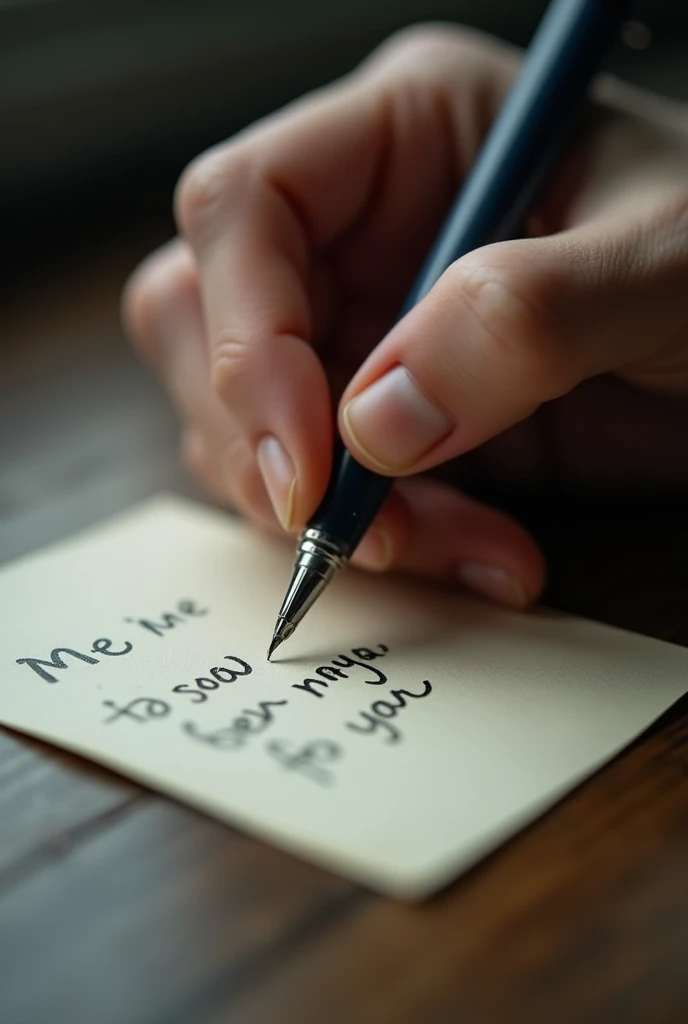 He wrote Maya a note: 'I want to tell you something.'"
A close-up of a hand writing on a small piece of paper with a pen, the text clearly readable: "I want to tell you something."