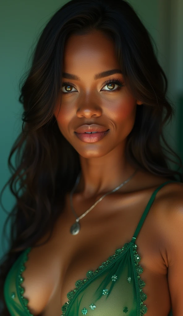 mulher negra linda Delicate facial features e perfeitas, Africana, dressed in a green transparent nightgown, (medieval armor), metallic reflections, nipples are visible through the fabric, smiling shyly, Foto hiper-realisitic e detalhada de corpo inteiro de uma jovem negra sorrindo, Delicate facial features, , your breasts show through the sheer fabric, Sharp light. necklase, smallbreast, skinny fitness model, sun is shining. perfects eyes, (eye make up:1.1), (highly detailed skin:1.1), CRU, analog style, sharp focus, 8k hd, dslr, high qualiy, Fujifilm XT3, grain, awardwinning,(Artwork), (extremely complex:1.3), (realisitic), (medieval armor), metallic reflections, professional photography of a stunning woman detailed, sharp focus, Dramatic, awardwinning, cinematic lighting, octane render unreal engine, volumetric dtx, (grain de filme, nblurry background, blurry foreground, bokeh, Depth of field, sunset, motion-blur:1.3), Chain mail, attractive girl,((wearing an open green silk shirt: 1.5)), (((natural medium breasts: 1.6, and sagging breasts:1.5))), ((photo by full body)), (highly detailed skin:1.2), (expose:1.5), (exposed tits:1.5), (exposed back:1.5) (crotch exposed:1.5), elongated thighs, perfect hips, small waist, full detail, beautiful big breasts, ((very detailed hair)) , (((1))), slightly plump and reddish lips, beautifull detailed face, shining blue eyes, long black hair, (attractive young woman:1.3), (seducer:1.1), (blush:1.1), The photo was taken from the front, from the top corner, facing the photographer, Close-up photo , (looking straight ahead), NSFW, (from front view, facing the photographer, Perfect Body Beauty : 1.4 , thin abdomen: 1.2 , soaked body: 1.5 , Highly detailed texture of face and skin