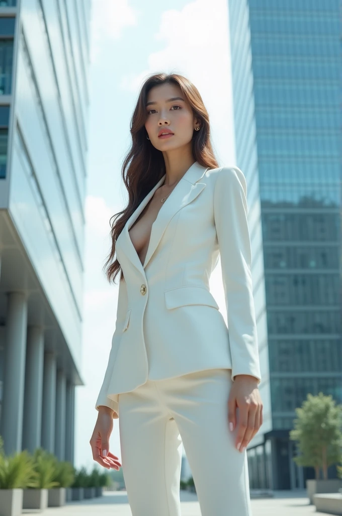 A Vietnam beautiful 3 in white suitec she stand in front of the modern office, on the left hand is the AI screen