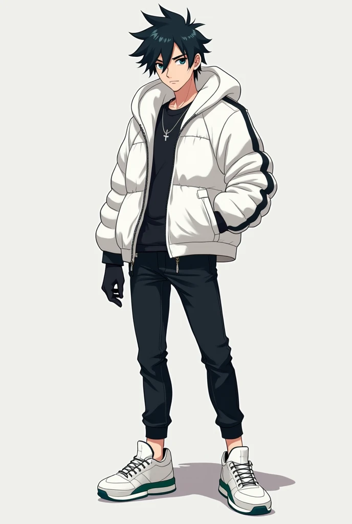 A male age anime style character With slightly long, black hair that is a bit spiky with long hair between his eyes, big navy blue eyes, Jaketa Thick white jacket, black pants, white sneakers with green, and with black gloves.