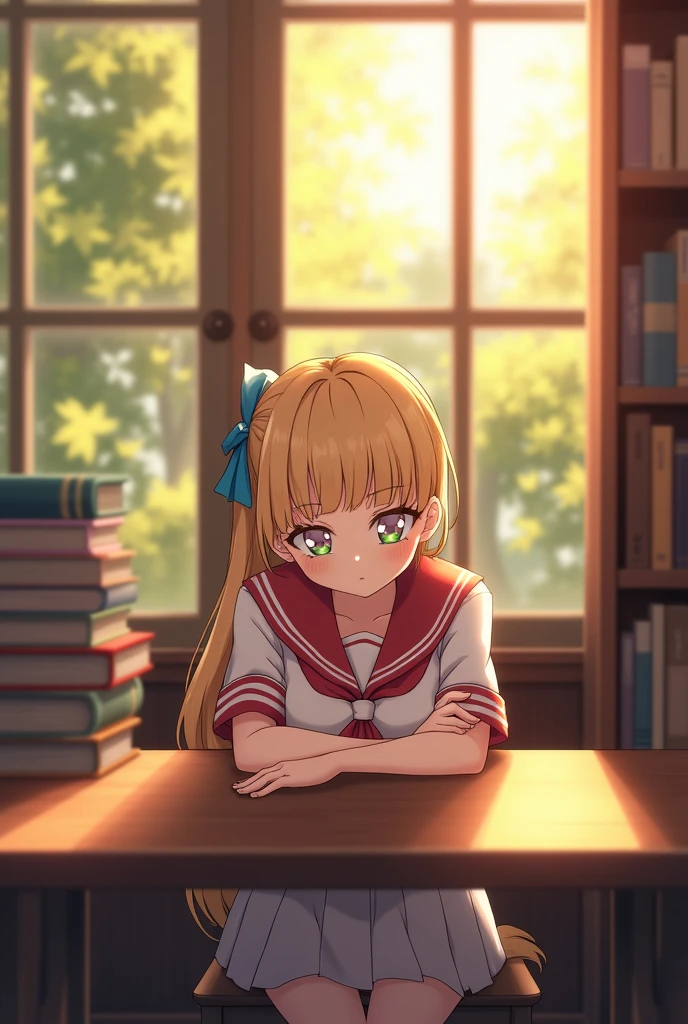 ((masterpiece,best quality, high resolution)), 1girl, solo, green eyes, blonde long hair tied with blue ribbon, blunt bangs, sitting, folded arms on the table, sleep on the folded arms, school uniform, white serafuku, red sailor collar, short sleeves, white pleated skirt, (in library), dramatic light, beside window, afternoon light through the window, afternoon, bokeh effect