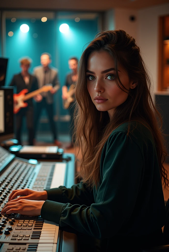 A photograph of a control room of a professional recording studio, where you can see the console and monitors. In the background through the separation glass, we can see a full gospel six members band, with a beautiful and sexy green eyed brunette singer playing. The singer is looking at the camera.